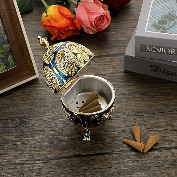JUXYES Vintage Incense Burner Holder with Removable Ash Catchers, Metal Censer Antique Cone Coil Incense Burner Holder Zinc Alloy Spiritual Aromatherapy Yoga Meditation Gifts Retro Home Decoration - Bloomnest