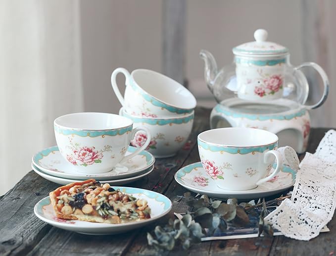 Jusalpha Fine China Tea Sets Vintage Rose Flower Series Coffee Cup-Teacup Saucer Spoon Set with Teapot Warmer & Filter (Rose Glass pot 03) - Bloomnest