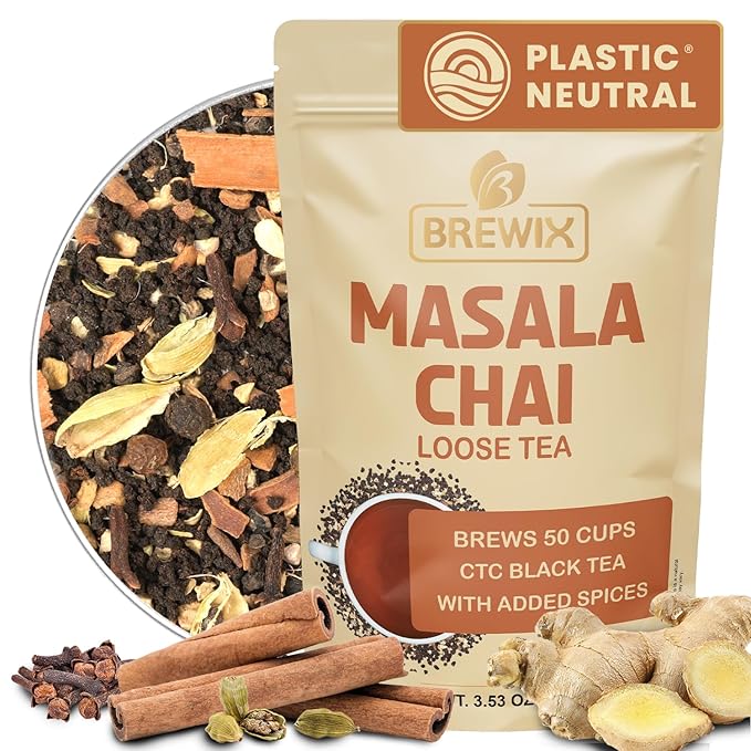 BREWIX, Masala Chai Tea Loose Leaf CTC TEA (50+ Cups, 3.53oz/100g) Strong Robust & Aromatic, All Natural | Blended with Exotic Spices | Ginger, Cinnamon, Cardamom, Clove & Black Pepper - Bloomnest