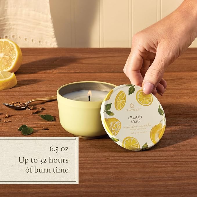 Thymes Scented Candles for Women & Men – Tin with Lid – Luxury Home Decor – Citrus Candles with Notes of Lemon Verbena, White Wood Accord, Lily of The Valley & Bergamot Oil (Lemon Leaf, 6.5 oz) - Bloomnest