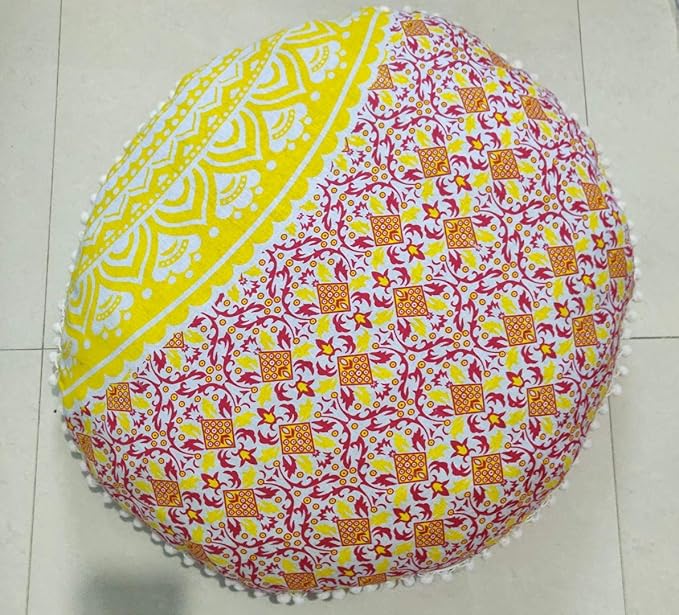 24" Yellow Orange Ombre Mandala Barmeri Large Floor Pillow Cover Cushion Meditation Seating Ottoman Throw Cover Hippie Decorative Zipped Bohemian Pouf Ottoman Pom Pom Cases 24 " round - Bloomnest