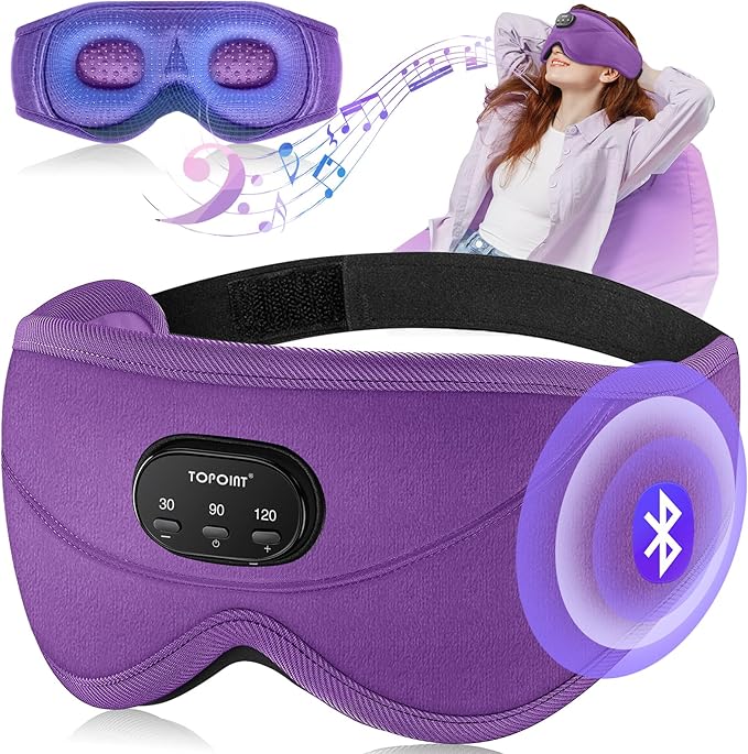 TOPOINT Sleep Mask with Bluetooth Headphones, 3D Eye Mask for Sleep Headphones with White Noise, Total Blackout, 5.4 Bluetooth, Timer, 15 Hours for Women Men, Travel, Meditation, Nap, CPAP Users - Bloomnest
