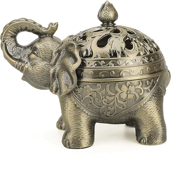 K COOL Metal Backflow Incense Holder Elephant Cone Coil Incense Burner Ash Catcher with Lid, Aromatherapy Ornament Home Office Decoration for Indoor Outdoor (Bronze) - Bloomnest