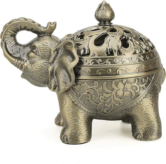 K COOL Metal Backflow Incense Holder Elephant Cone Coil Incense Burner Ash Catcher with Lid, Aromatherapy Ornament Home Office Decoration for Indoor Outdoor (Bronze) - Bloomnest