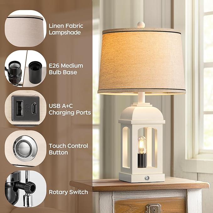 QiMH Table Lamp for Living Room, Farmhouse Lamps with USB A+C and Nightlight, 26" Rustic Bedside Lamps with 3-Way Dimmable Touch Control, Nightstand Lamp for Bedroom, White, 1 Pack - Bloomnest