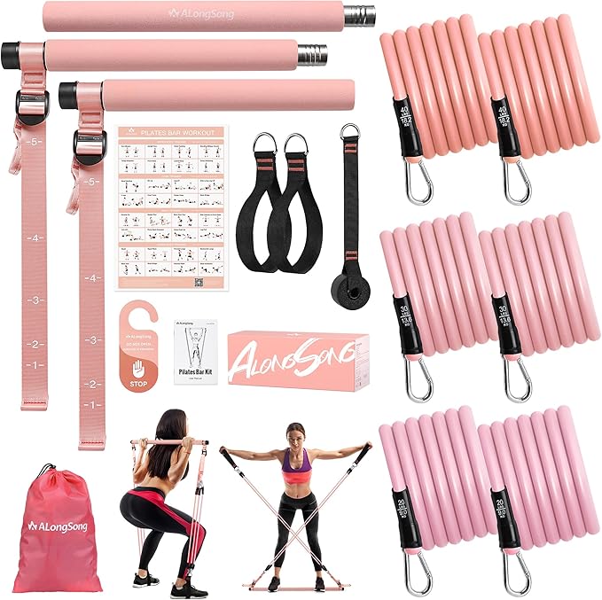 Upgraded Pilates Bar Kit with Resistance Bands Natural Latex for Women & Men, Heavy-Duty Stainless Steel Multifunctional Yoga Pilates Stick for Home Gym Exercise Fitness Equipment Full-Body Workouts - Bloomnest