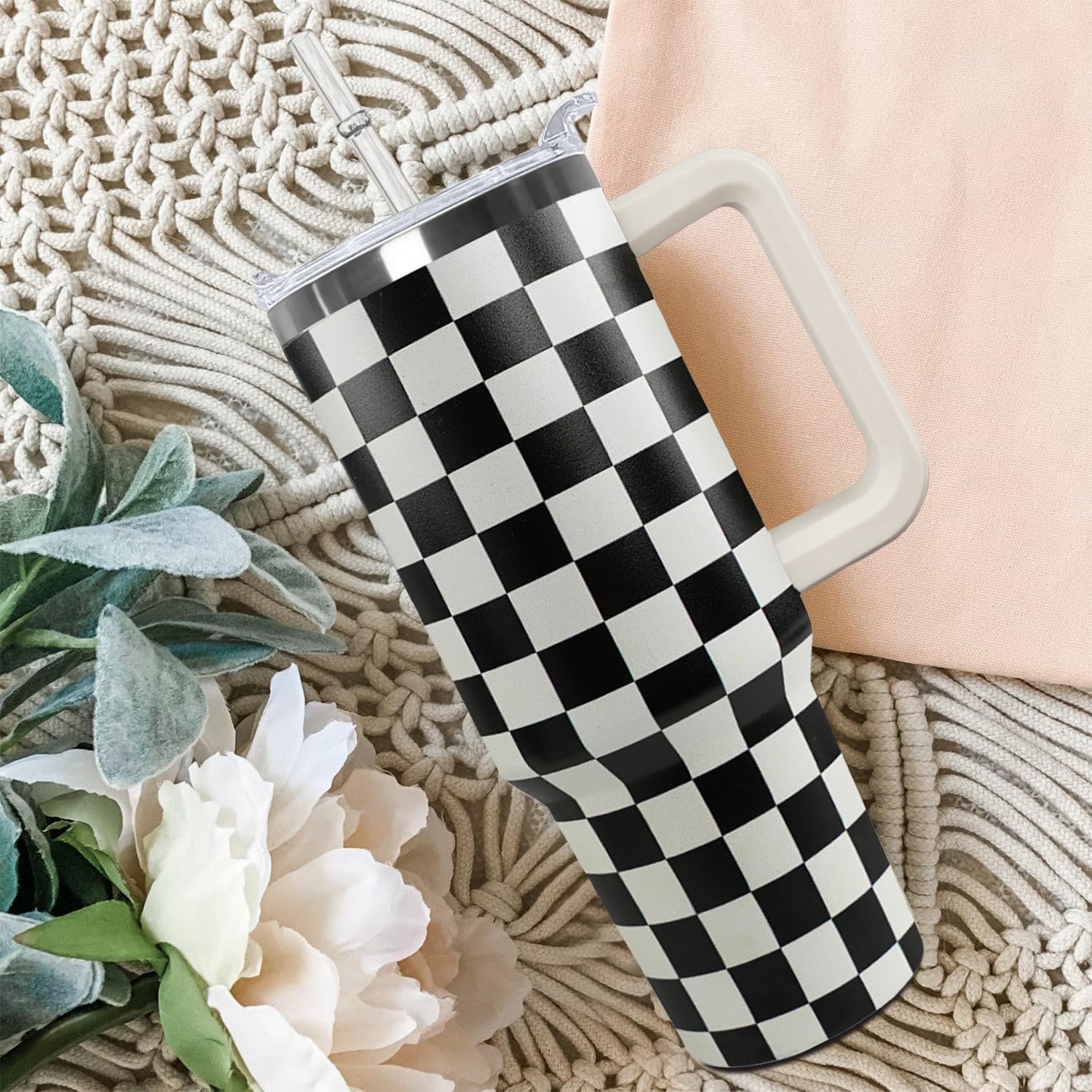 Ceovfoi Black and white Checkered Tumbler with Handle Lid and Straw,40 Oz Checkered Tumbler Water Bottle Travel Coffee Cup Mug,Checkered Gifts for Women Men