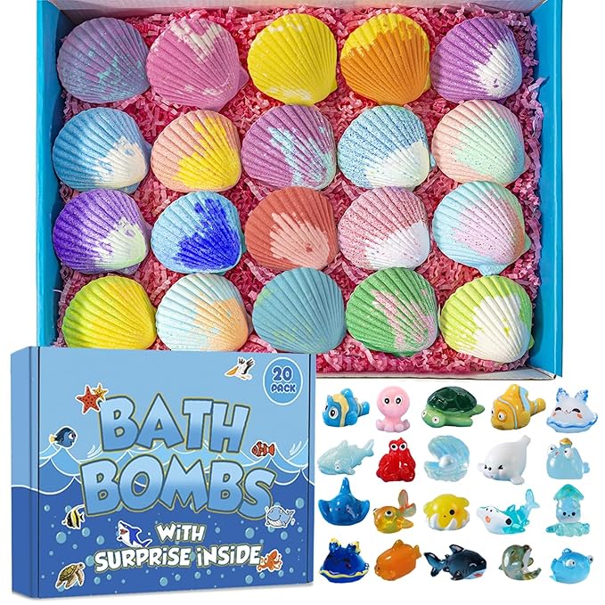 Bath Bombs for Kids with Surprise Marine Animals Inside, 20 Shell Kids Bath Bombs Gift Set, Handmade Bubble Bath Fizzes Bomb for Chrildren Birthday Christmas and Party Favor