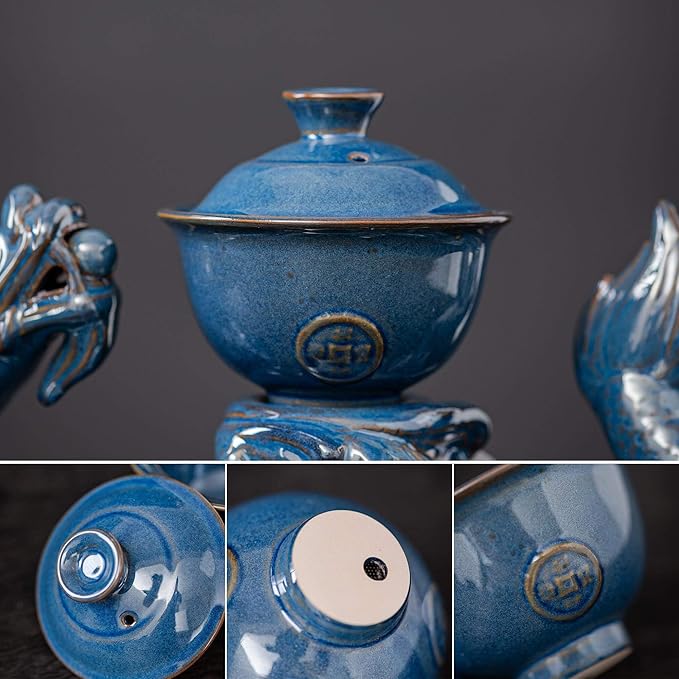 Ceramic Teapot with Infuser Semi Automatic Tea Set Magic Teapot with 8 cups Gradient Color (Blue Dragon- A) - Bloomnest