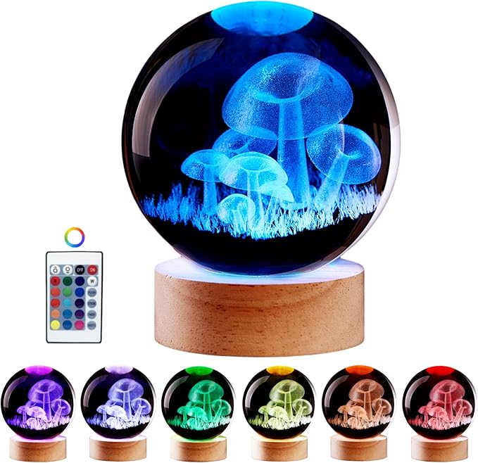 3.15 inch Mushroom Crystal Ball lamp,3D K9 Mushroom Crystal Ball Night Light with Wooden Base,16 Colors Change with Remote Control (Moon) - Bloomnest