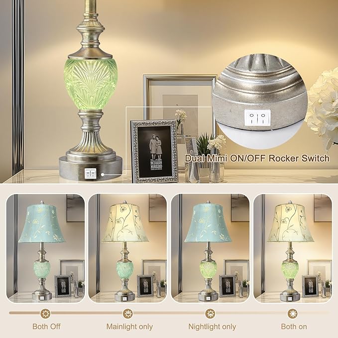 Bedside Table Lamp Set of 2 with Nightlight and USB A+C Ports, 27'' High Vintage Table Lamps with Silver Leaf Finish and Embroidered Shade, Nightstand Lamps Decor for Bedroom Living Room Home Office - Bloomnest