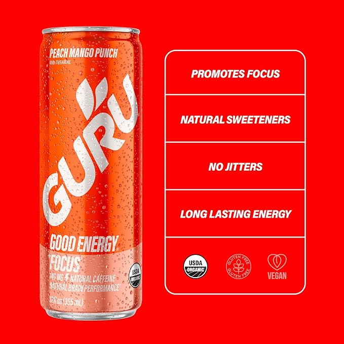 GURU Peach Mango Punch Organic Energy Drinks, Clean Energy Drink with Plant Based Natural Caffeine from Green Tea + Focus with L Theanine, Gluten Free and Vegan, 140MG Caffeine, 12oz (Pack of 24) - Bloomnest