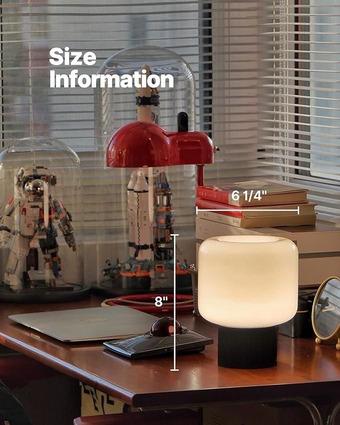 Halo Mushroom Lamp, 5W Cute Cordless Rechargeable Table Lamp with Glass Shade, 3 Color Temps LED Dimmable Ambient Lighting, Small Retro Touch Bedside Light for Bedroom Decor, Black - Bloomnest