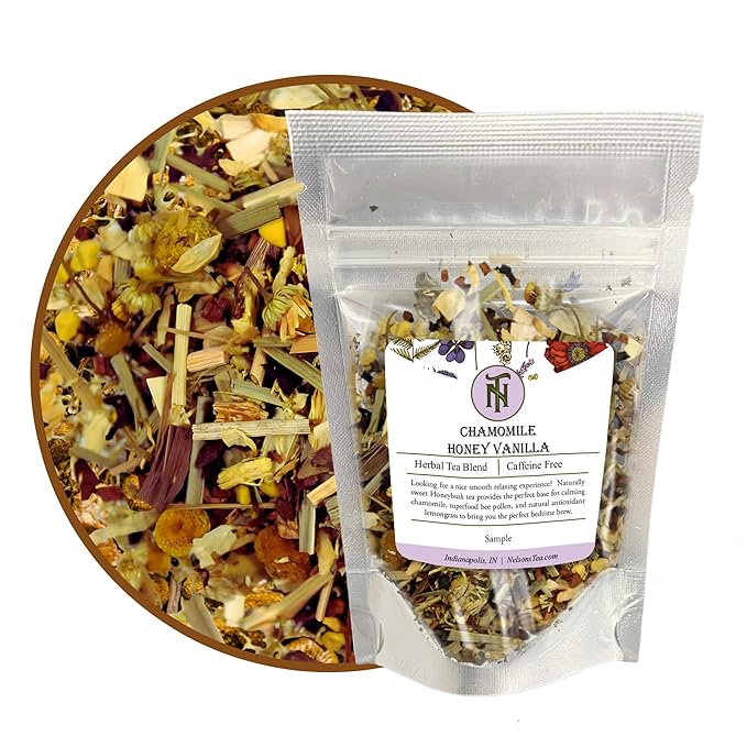 Nelson's Tea Chamomile Honey Vanilla - Caffeine-Free - Herbal Loose Leaf Tea, Curated Blend with Honeybush, Chamomile, Lemongrass, Licorice Root, Toasted Coconut, and Bee Pollen - Bedtime Brew (Sample 0.3 Oz) - Bloomnest