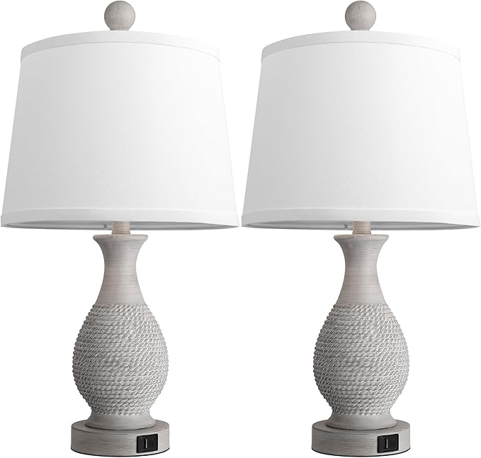 PARTPHONER Traditional Table Lamps Set of 2, Bedside Touch Lamp with USB C+A Charging Ports, Rustic Farmhouse Table Lamps for Living Room Bedroom, Side Table Lamp with White Fabric Shade, Antique Grey - Bloomnest