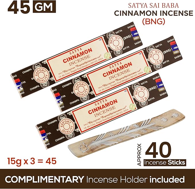 Satya Cinnamon Incense Sticks, Satya Bng (Bangalore) Insenses 15gmx3 Pack with Raajsee Incense Holder Bundle, Satya Nagchampa Natural Incense - Bloomnest