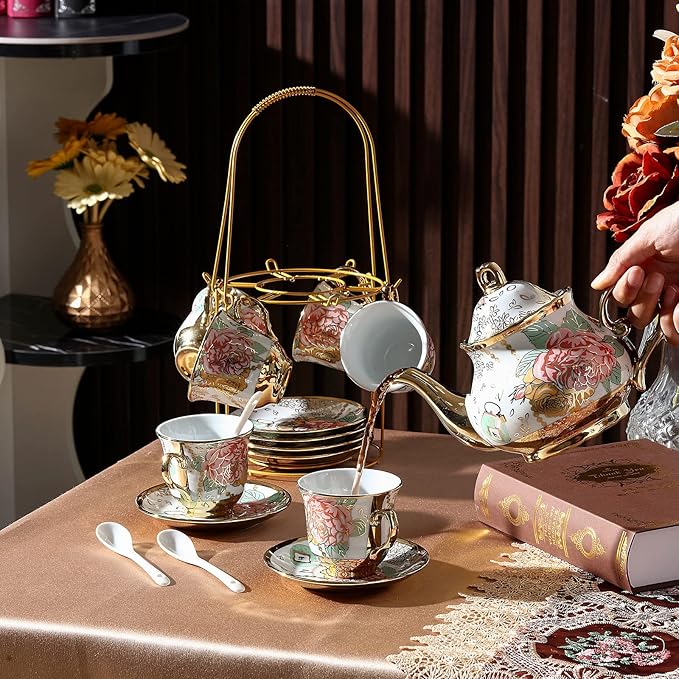 Zhehao 20 Pcs Porcelain Tea Set with Metal Holder and Spoon Adult Ceramic Tea Set European Flower Painting Teapot Cup Saucer Spoon for Women, Large Version(Bright Style) - Bloomnest