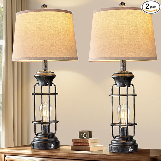 28" Table Lamp for Living Room with USB Charging Ports, Tall Table Lamp Set of 2,3-Way Dimmable Lamps for Bedroom, Bedside Lamp for End Tables, Industrial Nighstand Lamps,Bulbs Included - Bloomnest