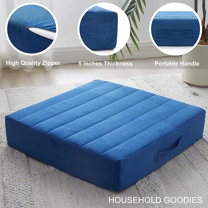 2 Pcs High Density Foam Floor Pillow - Upgraded Large Pillows Seating for Adults - Outdoor Floor Cushion with Soft Tufted Cover - Yoga Pillows for Sitting On Floor - 22 Inch Navy Blue - Bloomnest