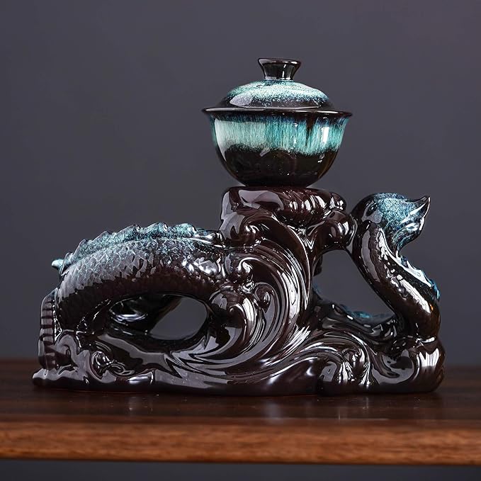 Semi Automatic Tea Set Ceramic Teapot with Infuser Magic Teapot with 8 cups Gradient Color (Gradient Dragon- D) - Bloomnest