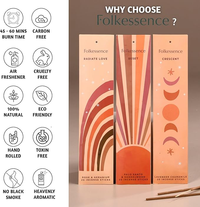 Folkulture Set of 6 Incense Stick | 120 Insence Sticks - Palo Santo & Sandalwood, White Sage, Lavender, Patchouli | Palo Santo Insence-Sticks | Sandalwood Incenses, Lemongrass, Rose Geranium FOLKULTURE