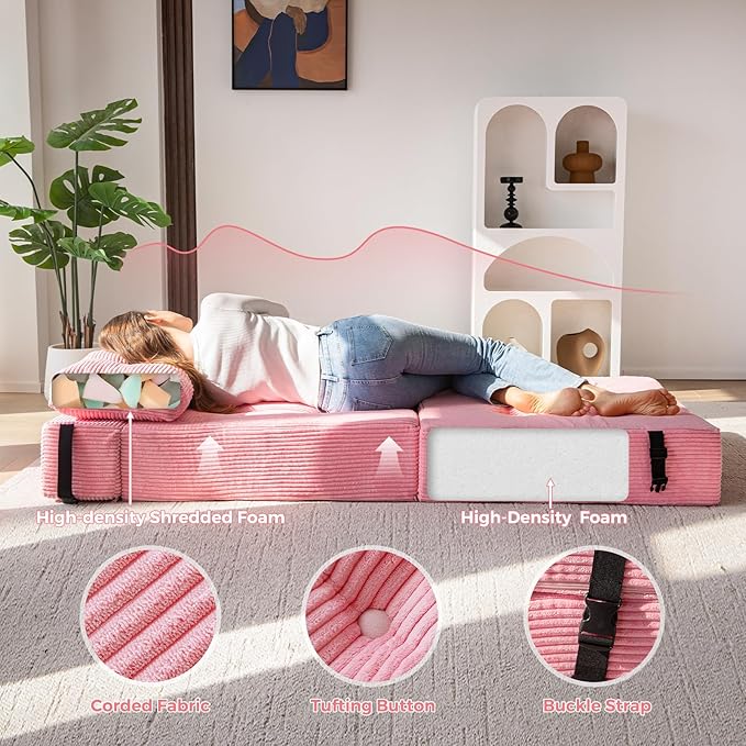 MAXYOYO Folding Sofa Bed, Convertible Sofa Bed with High-Density Support Foam, Portable 4 in 1 Fold Out Chair to Floor Lounger, Versatile Floor Couch for Living Room Bedroom, Pink - Bloomnest