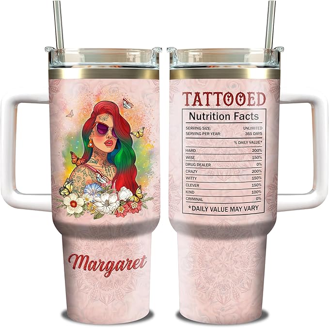 WAZONE Personalized Tattooed Nutrition Facts Tumbler Cup With Lid Custom Name Native American Butterfly Flower Floral Vintage Travel Coffee Mug Insulated Cups 40oz Gifts For Tattoo Lovers - Bloomnest