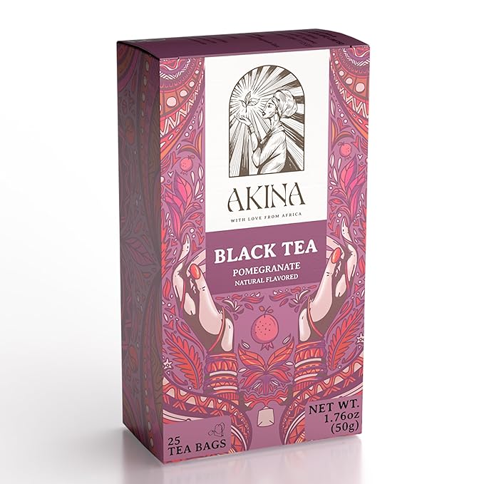 Akina Single-Origin Pomegranate Black Tea Bags | 100% Naturally Flavored Fruit Tea, Kenyan Origin, Gourmet, Tropical, Hot Beverage (25 String & Tag Bags, 50g) - Bloomnest