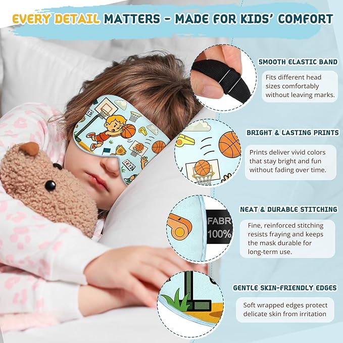 Kids Sleep Mask – 100% Mulberry Silk Eye Mask with Adjustable Strap, Soft Light Blocking Sleeping Mask for Children, Cute Printed Eye Cover for Boys Girls Ages 5-15 (Basketball Style) - Bloomnest