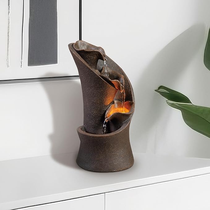Kalona Tabletop Waterfall Fountain, 3-Tier Indoor Water Fountain for Home Office Decor, Relaxing LED Fountains with Artistic Stone-Look Design for Meditation (23005) - Bloomnest