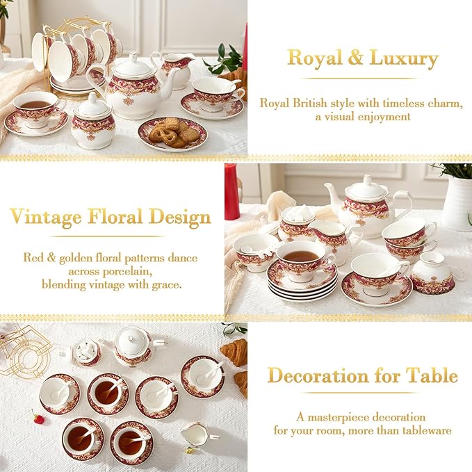 DUJUST 22 pcs Royal Vintage Porcelain Tea Set for 6, Luxury British Tea Sets for Adults with Red Patterns & Golden Trim, Beautiful Floral Tea/Coffee Cup Set, Gift Package - Royal Treat for You - Bloomnest