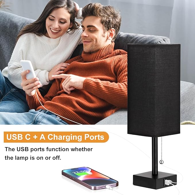 Bedside Table Lamps Set of 2 - Black Bedroom Lamps with 3 Color Temperatures (3000K/5000K/4000K), Two Square Nightstand Lamps with USB C + A Charging Ports, Pull Chain Small Night Light for End Table - Bloomnest