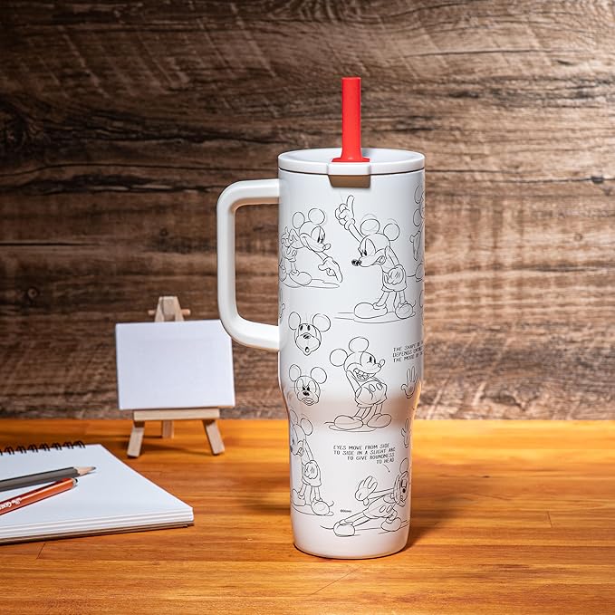 Zak Designs Disney Sutton Travel Tumbler for On the Go, 30oz Stainless Steel with Vacuum Insulation, Silicone Straw, and Carry Handle for Cold Drinks (Mickey Mouse Sketch) - Bloomnest