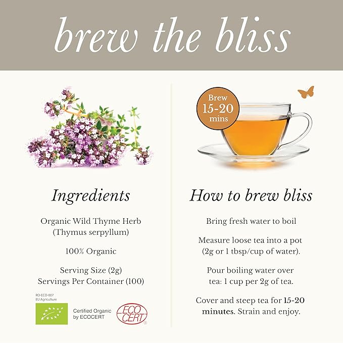 Wild Bliss Organic Wild Breckland Thyme Tea - Caffeine Free Loose Leaf Herbal Tea - Resipratory and Digestion Support - 7.05 Oz - 100 Servings - Bloomnest