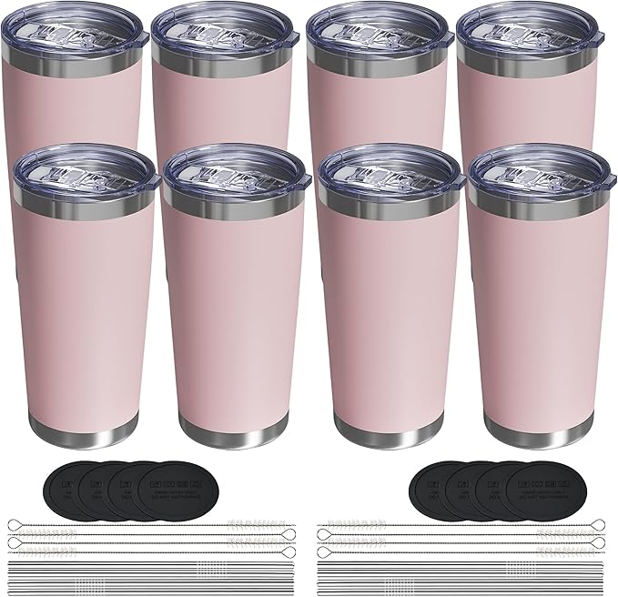Travel Coffee Tumbler 20oz, 8 Pack Leakproof Travel Coffee Mug with Lid and Straw, Stainless Steel Double Wall Vacuum Insulated Tumbler for Hot/Iced Drinks (Textured Matte, Soft Pink) - Bloomnest