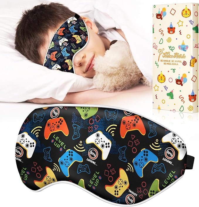 Kids Sleep Mask - Silk Eye Mask for Kids Cute Cartoon Cool Kawaii Soft Smooth Lightweight Boys Girls Teens Sleeping Mask with Adjustable Straps, Black Game - Bloomnest