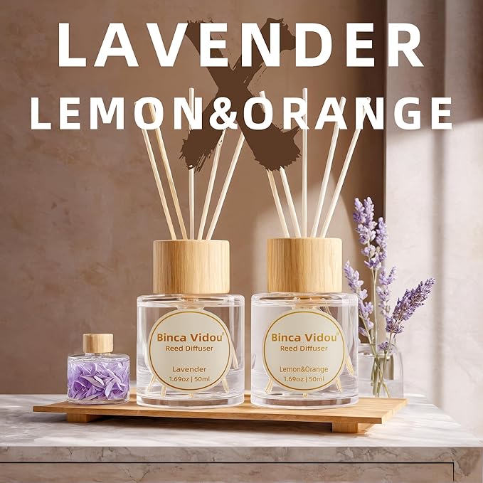 Reed Diffuser Set, Binca Vidou Lavender Orange & Lemon Natural Scent Oil Diffusers with Sticks for Home Office Bathroom Aromatherapy Decor 1.69oz x 2 - Bloomnest