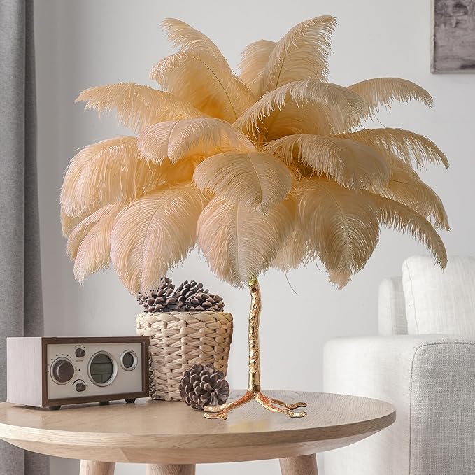MAYOLA Modern Ostrich Feather Table Lamp with Plug in Wire,3-Light Bedside Floor Lamp for Living Room, Bedroom and Office 24” Tall Feather Desk Lamp (Ostrich Color, Table Lamp-Resin) - Bloomnest
