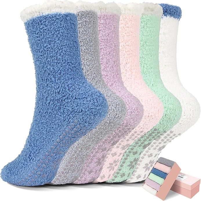 HUGSWEET 6 Pairs Thick Fuzzy Socks with Grip Cozy Non Slip Hospital Socks Home Fluffy Warm Slipper Socks Gifts for Women - Bloomnest
