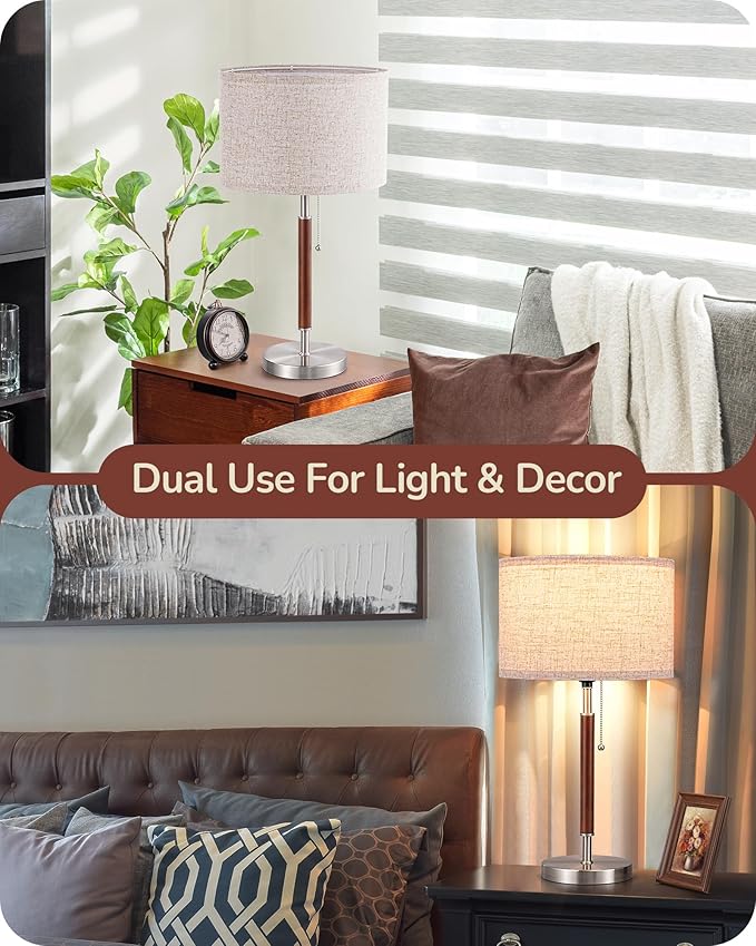 EDISHINE Mid Century Table Lamp, Solid Wood and Metal Bedside Lamp with Pull Chain Switch & Beige Linen Shade, Retro Nightstand Lamp for Bedroom Living Room End Table, E26 Base - Bloomnest