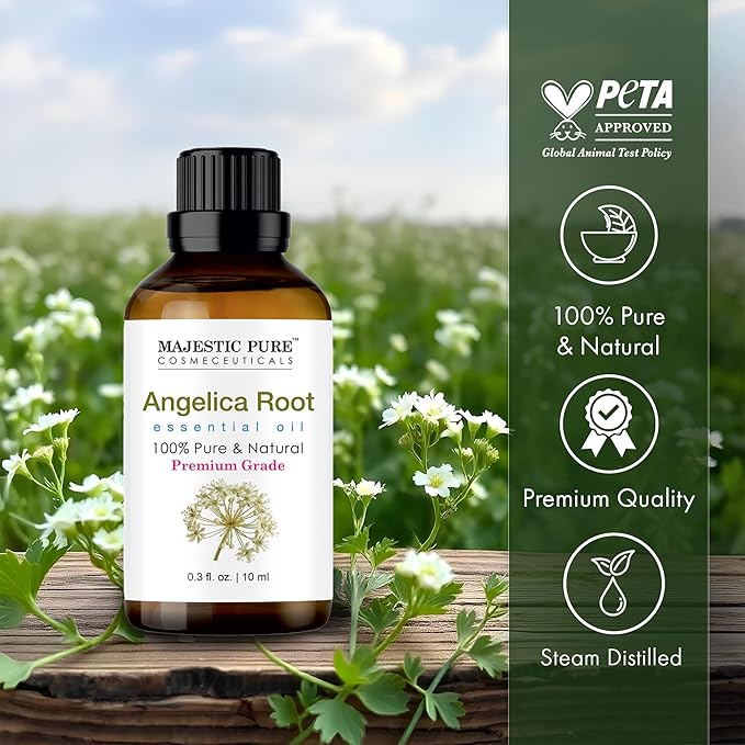 Majestic Pure Essential Oil with Glass Dropper - 100% Pure and Natural - Essential Oils for Diffuser, Aromatherapy, Soap and Candle Making, Angelica Root Essential Oil, Angelica Root Oil, 0.3 Fl Oz - Bloomnest