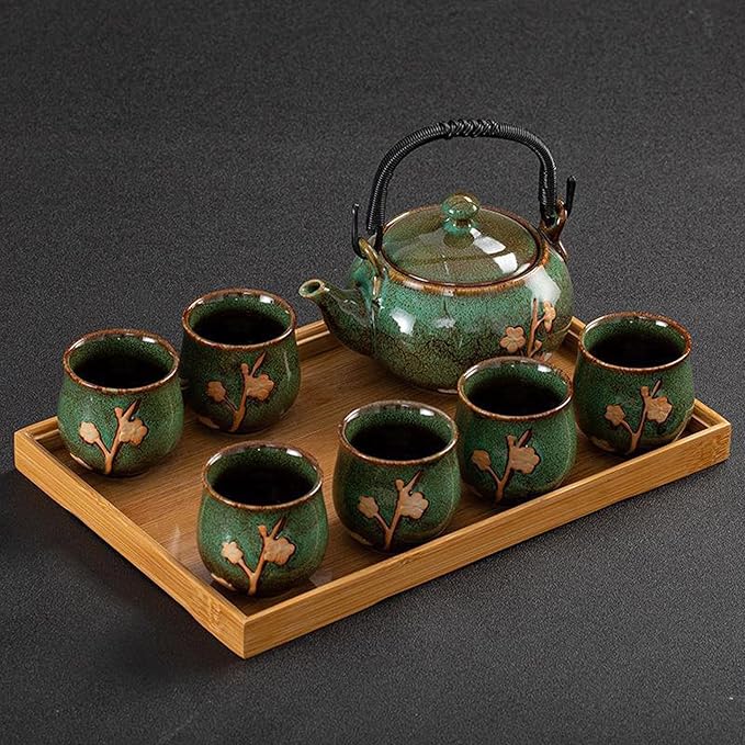 KEYDUACU Japanese Tea Set, Kiln-Formed Ceramic Tea Set, Plum Blossom Embossed, Includes 1 Teapot, 6 Teacups,Tea Tray,Strainer, Used for home, outdoor, gift, Chinese Kung Fu Tea Set(FDMH-GREEN) - Bloomnest