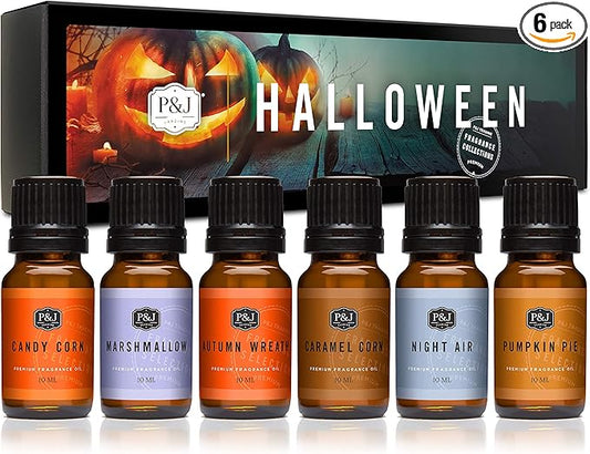 P&J Fragrance Oil Halloween Set | Autumn Wreath, Pumpkin Pie, Candy Corn, Marshmallow, Night Air, and Caramel Corn Candle Freshie Scent for Candle Making, Soap Making Supplies - Bloomnest