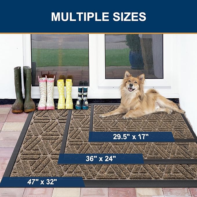 Smiry Front Door Mat Outside Entrance, Heavy Duty Sturdy Natural Rubber Doormat, Trap Dirt and Moisture, Easy Clean Low Profile Mats for Indoor Outdoor Entry, Grid Geometric (59x24, Brown) - Bloomnest