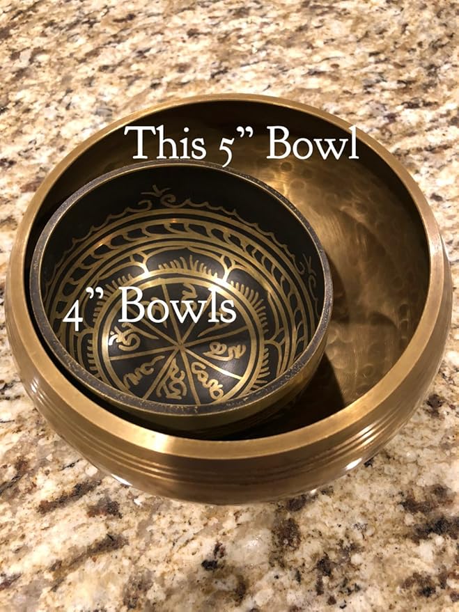 5 Gold Tibetan Meditation Yoga Singing Bowl Set (Large) ~Live Fully Now ~ Tuned to B ~ Hand Hammered Antique healing bowl design ~Wood Striker ~ Himalayan bowl for Meditation, hand yoga, and Chakra - Bloomnest