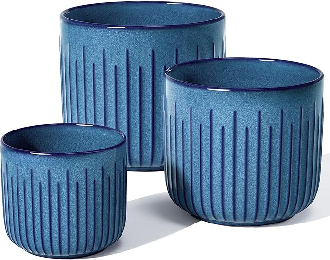 LE TAUCI Fluted Ceramic Planters Set of 3 – 8.3/7 / 5.7 in Ocean Blue Reactive Cylinder Indoor Plant Pots with Drainage Plug & Mesh, Glossy Stoneware Flower Pots for Succulents Herbs - Bloomnest