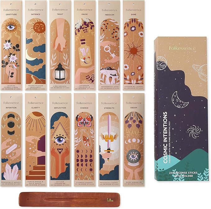 Folkulture Incense Sticks | Pack of 12 Non Toxic Insenses (240 Sticks) with Incense Holder | Frankincense, Jasmine, Patchouli, Palo Santo, Organic Lavender Organic Inscents-Sticks for Home - Bloomnest