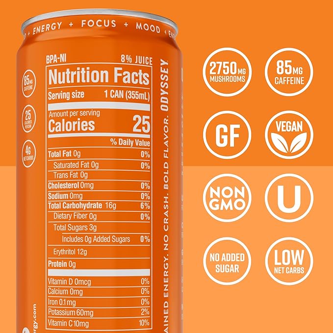 Odyssey Functional Energy Drink for Focus, Cognition & Mood Support 12 Pack - Adaptogenic Drink with 85mg Green Tea Caffeine, Lion’s Mane, Cordyceps, L-Theanine & Ginseng, Sparkling Orange - Bloomnest
