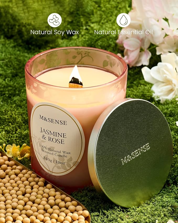 M&SENSE Jasmine Rose Candle, Cracking Wooden Wick Soy Wax, 18oz 100 Hours Long Lasting Clean Burn, Large Jar Candles for Home Scented, Non-Toxic Relaxing Aromatherapy Gifts for Women - Bloomnest