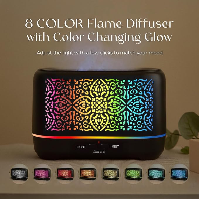 Earnest Living Essential Oil Diffuser Classic Flame Diffuser 200ml Timers Night Lights and Auto Off Function Home Office Humidifier Aromatherapy Diffusers for Essential Oils Black